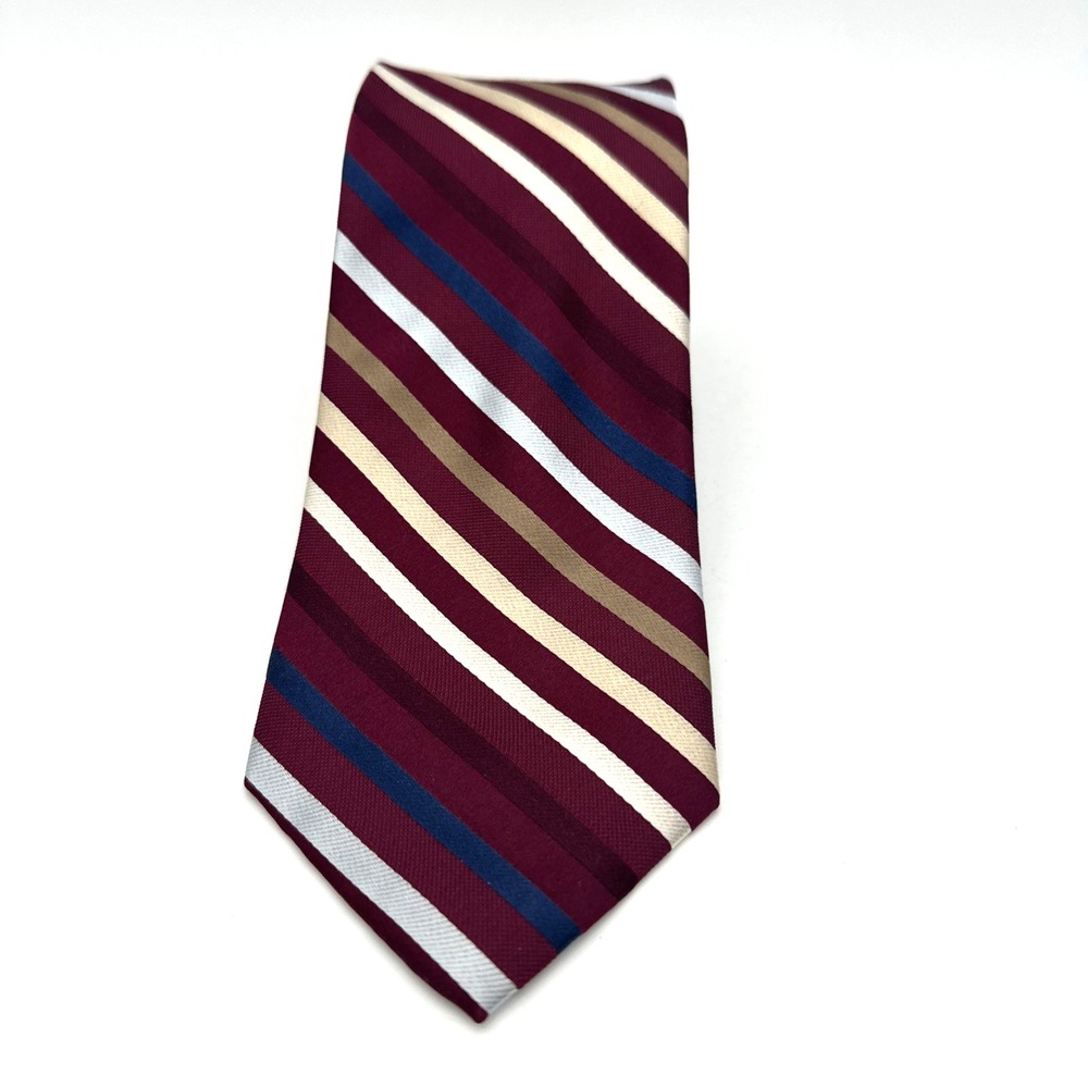 Jos. A. Bank Necktie Mens One Size Burgundy Striped Silk Hand Sewn 58 Inch NOS